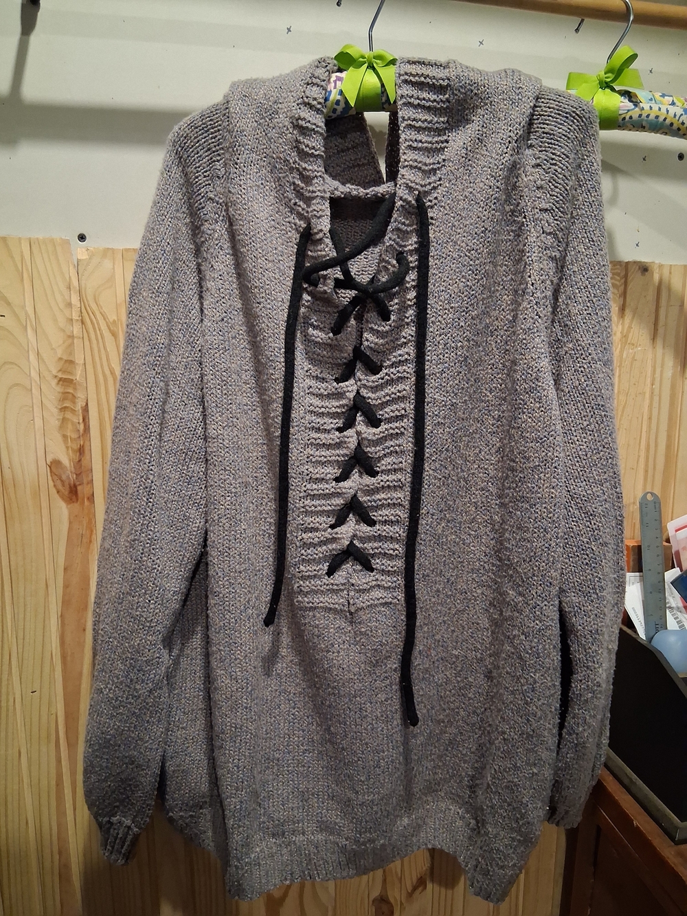 Oversized Hooded Lace up Knit Pullover Sweater - Heather Gray